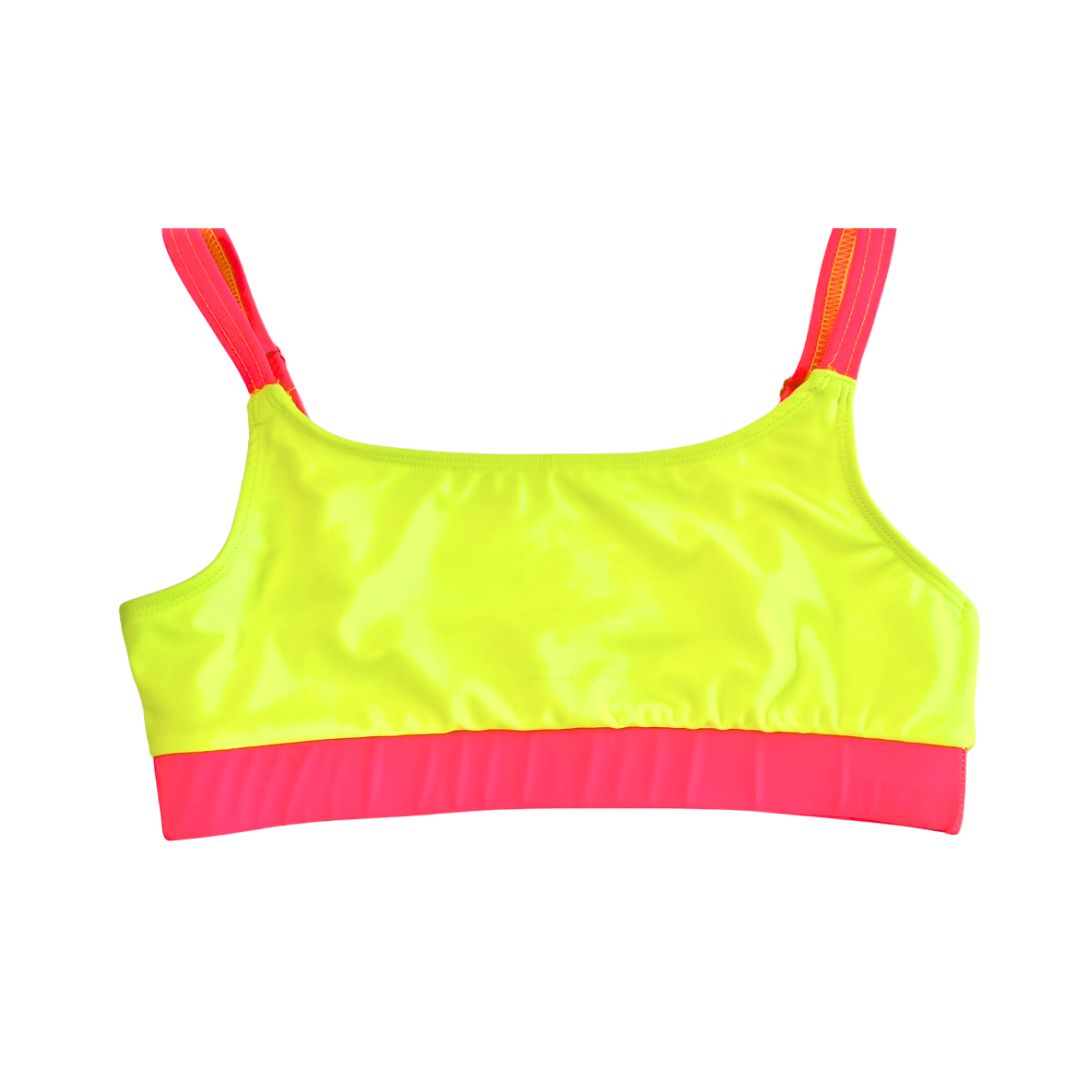 Womens' bright swimsuit featuring neon yellow and neon pink accents stands out against a white background. This hi vis swimsuit/neon swimsuit is designed for high visibility, allowing the swimmer to stand out from any background."